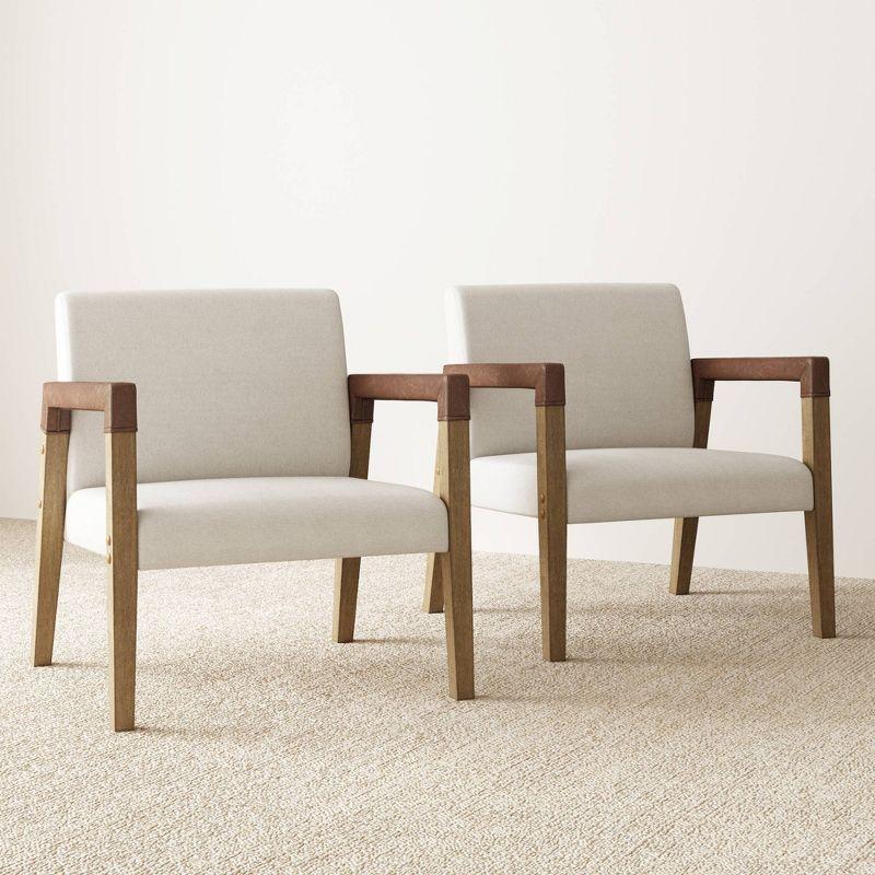 Nathan James Set of 2 Hudson Wood and Faux Leather Accent Chairs Flax