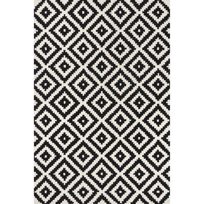 Scandinavian Diamond Graphic Handmade Wool Square Rug, 6' Black