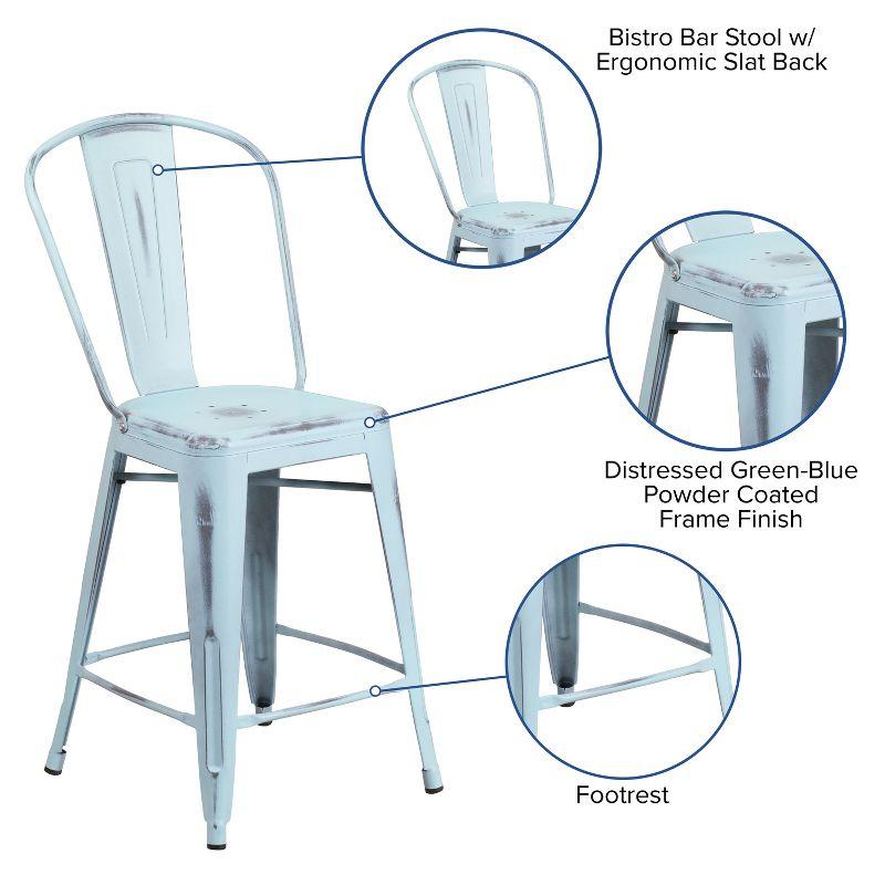 Merrick Lane 24" Metal Indoor-Outdoor Counter Stool with Vertical Slat Back and Integrated Footrest in Distressed Green-Blue