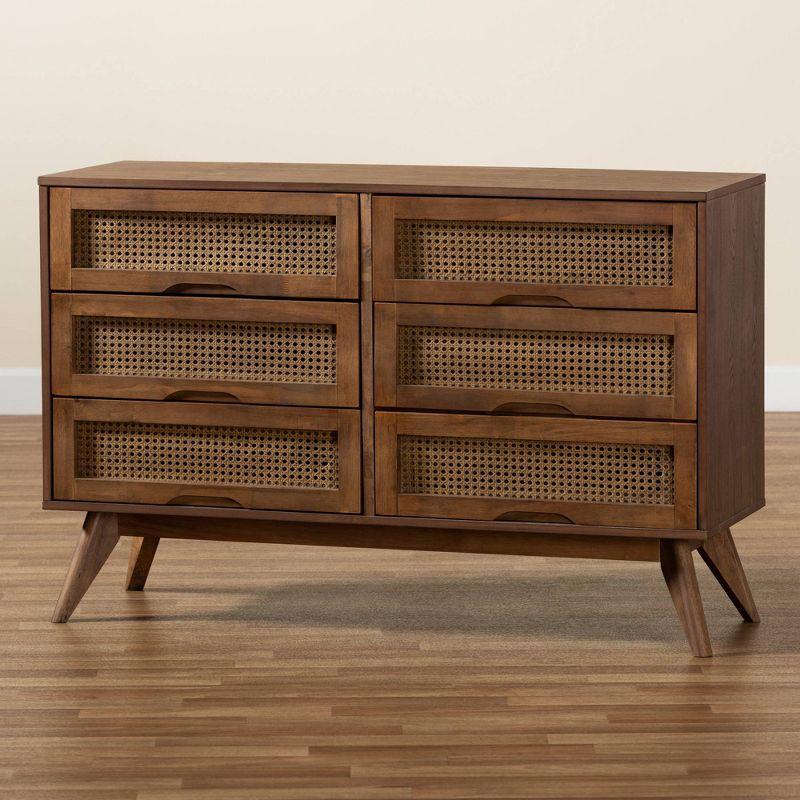 Barrett Wood & Synthetic Rattan Dresser: 6 Drawers, Angled Legs - Baxton Studio