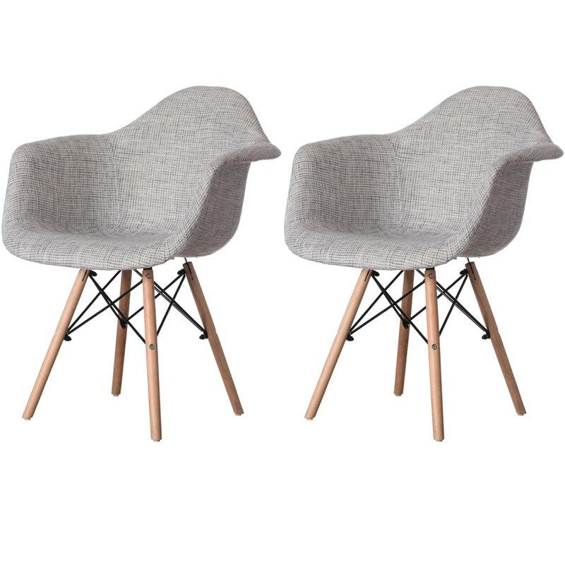 Fabulaxe Mid-Century Modern Style Fabric Lined Armchair with Beech Wooden Legs, Grey Set 2