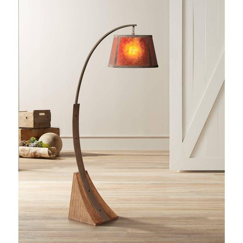 Franklin Iron Works Oak River Rustic Mission Arc Floor Lamp 66 1/2" Tall Dark Rust Wood Amber Mica Drum Shade for Living Room Reading Bedroom Office