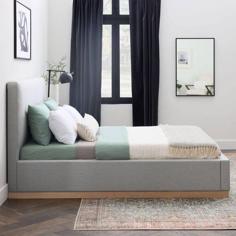 Queen Gray Upholstered Wood Frame Platform Bed with Slats