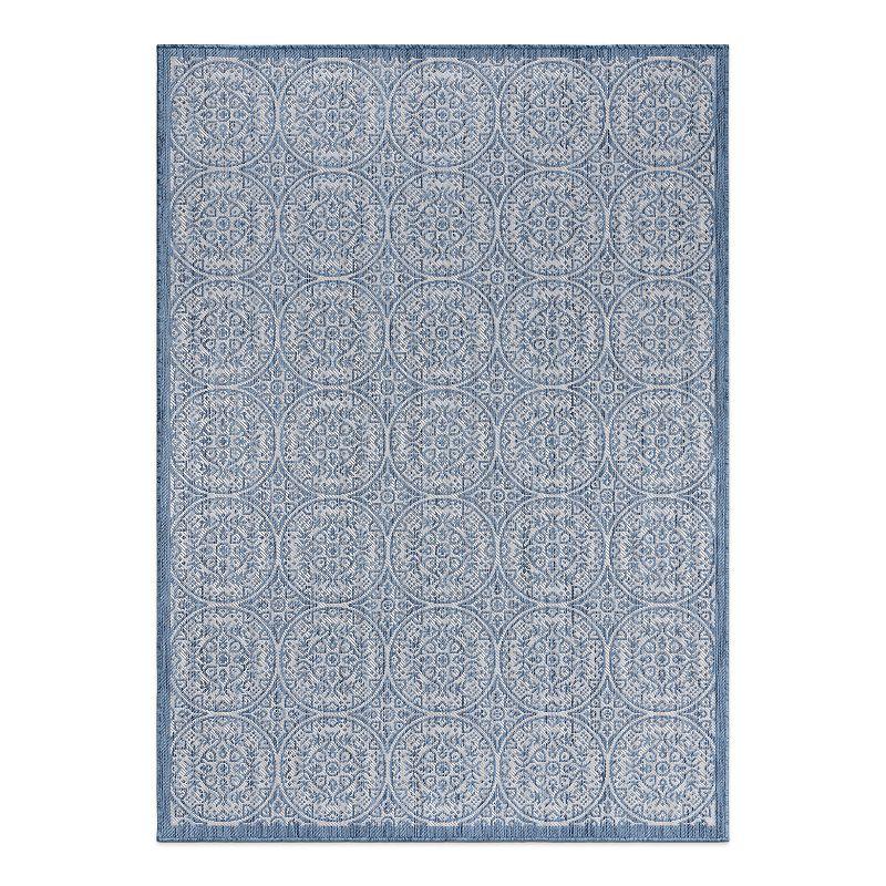 World Rug Gallery Transitional Floral Circles Textured Flat Weave Indoor/Outdoor Area Rug - BLUE 5' X 7'