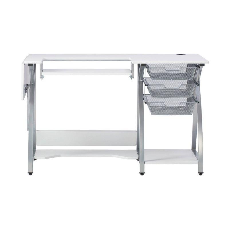 Silver and White Foldable Sewing Table with Mesh Drawers