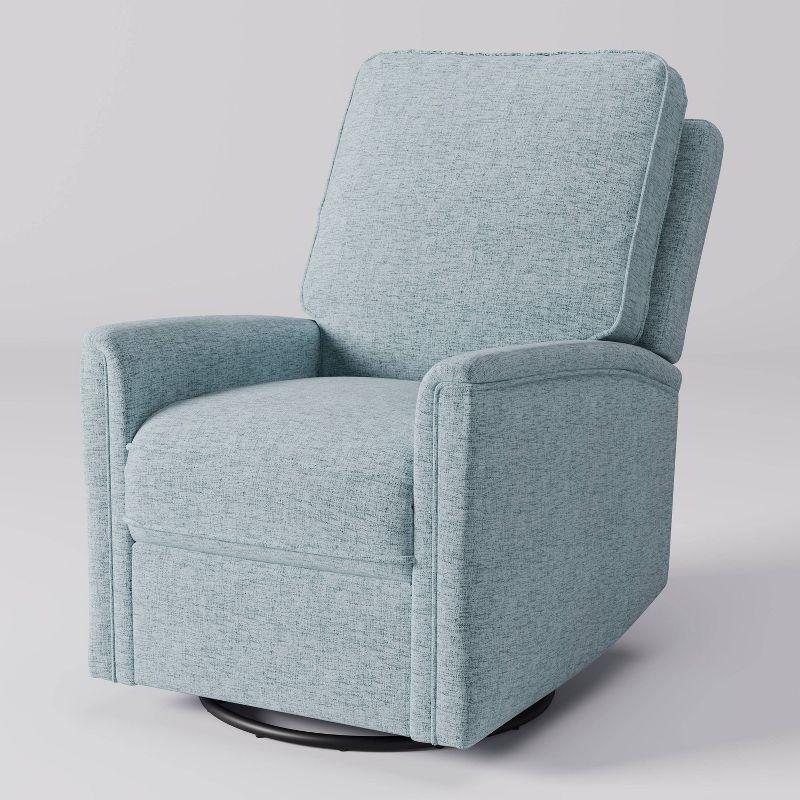 Soothing Spot Blue Swivel Recliner with Wooden Accents