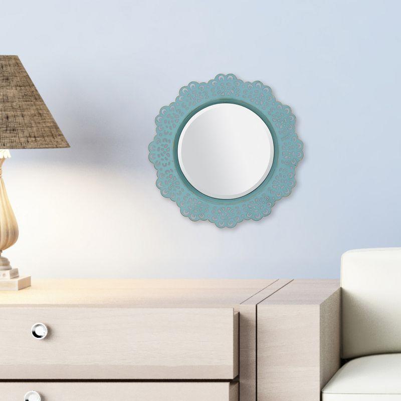 Blue Round Metal Lace Hanging Wall Mirror with Brass Highlights