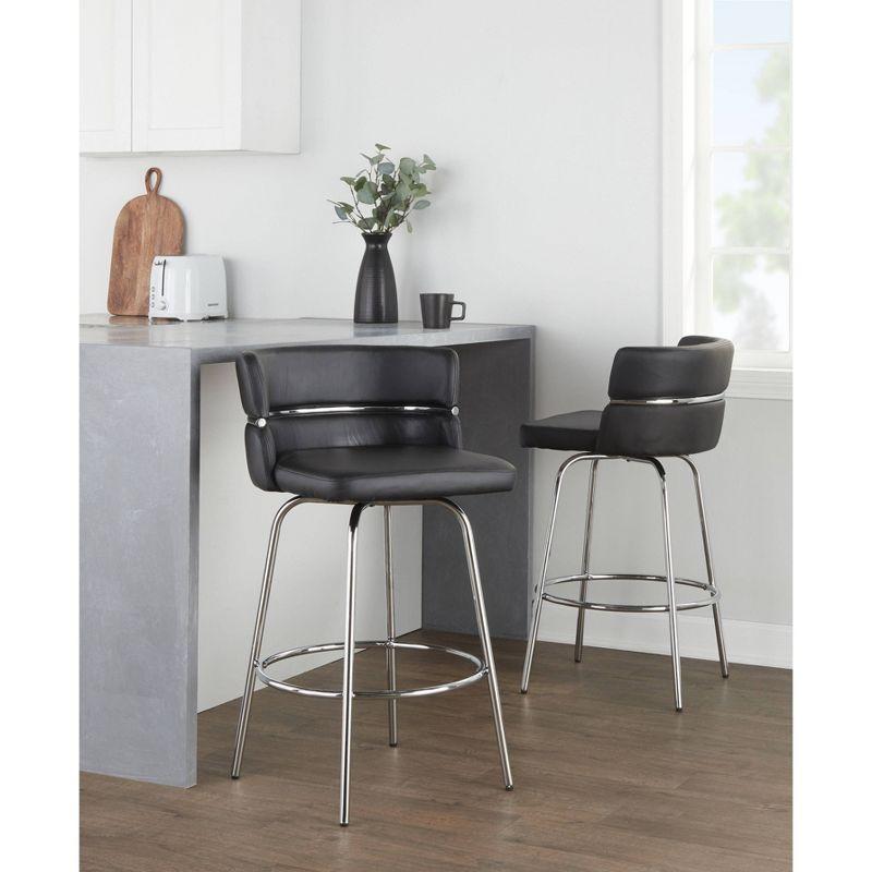 LumiSource Set of 2 Cinch-Claire Counter Height Barstools Chrome/Black: Swivel, Upholstered Velvet, Footrest