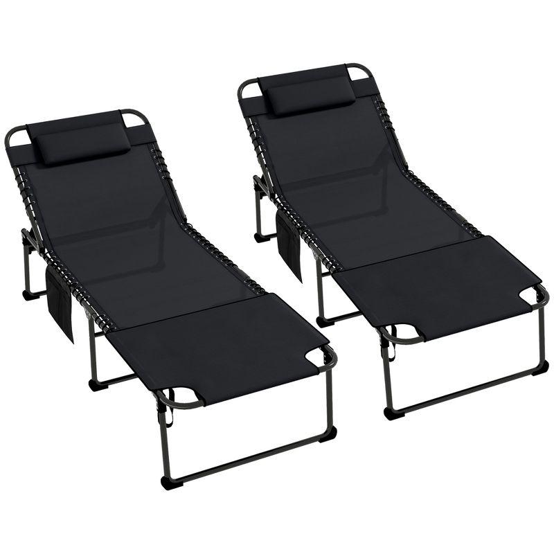 Outsunny 2 Piece Folding Chaise Lounge Pool Chairs with 5-level Reclining Back, Outdoor Sun Tanning Chairs with Reading Hole, Side Pocket, Black