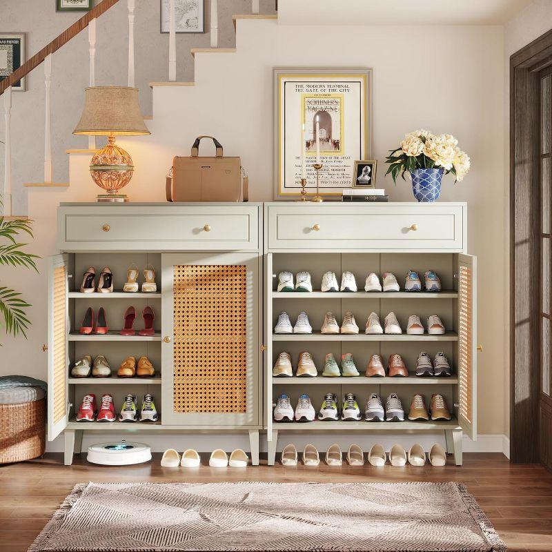 Mint Green Wooden Shoe Cabinet with Rattan Doors and Drawer