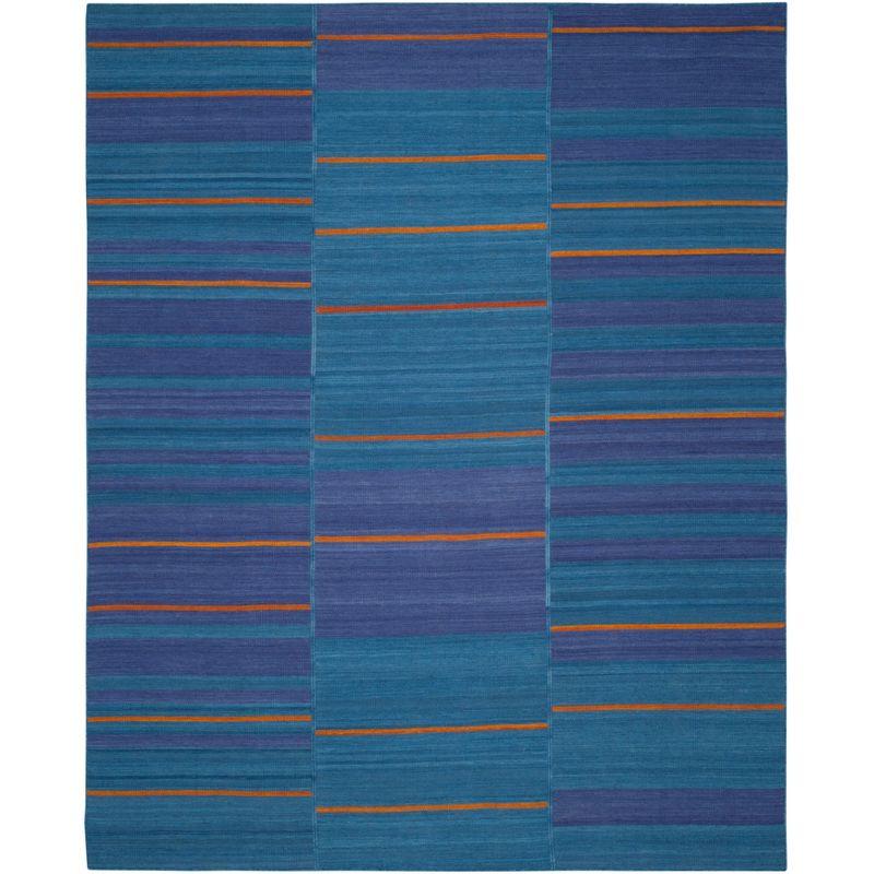 Blue and Multi 8' x 10' Handmade Wool Flat Weave Rug