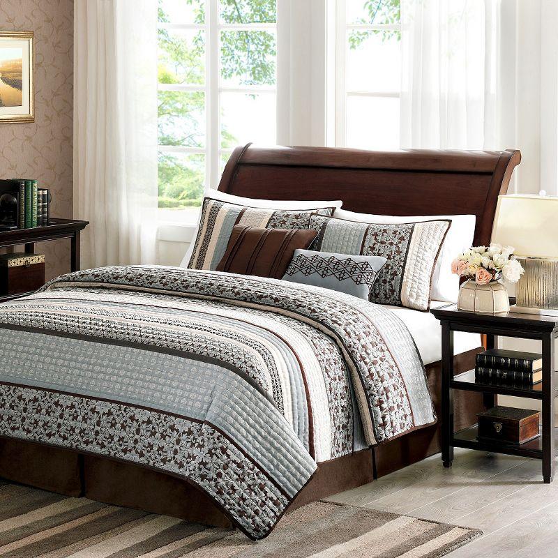 Blue and Brown Reversible Cotton Jacquard Quilt Set, Full