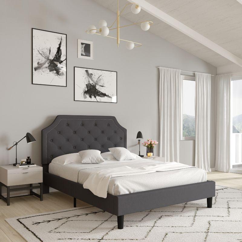 Provence Dark Gray Queen Platform Bed with Tufted Headboard and Gold Nail Trim