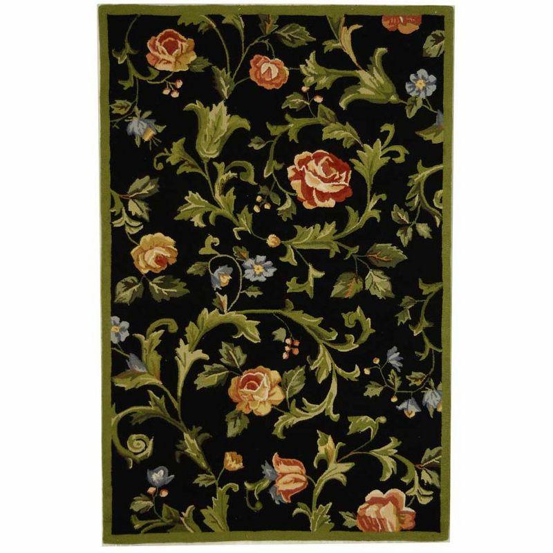 Black Floral Hand-Knotted Wool Area Rug, 3'9" x 5'9"