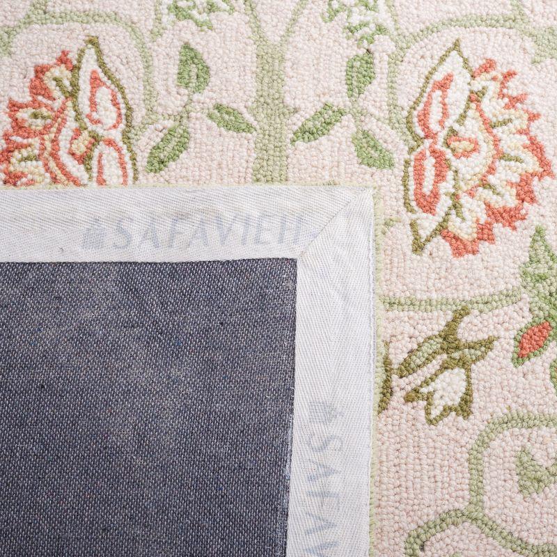 Beige and Green Hand-Hooked Wool Floral Area Rug