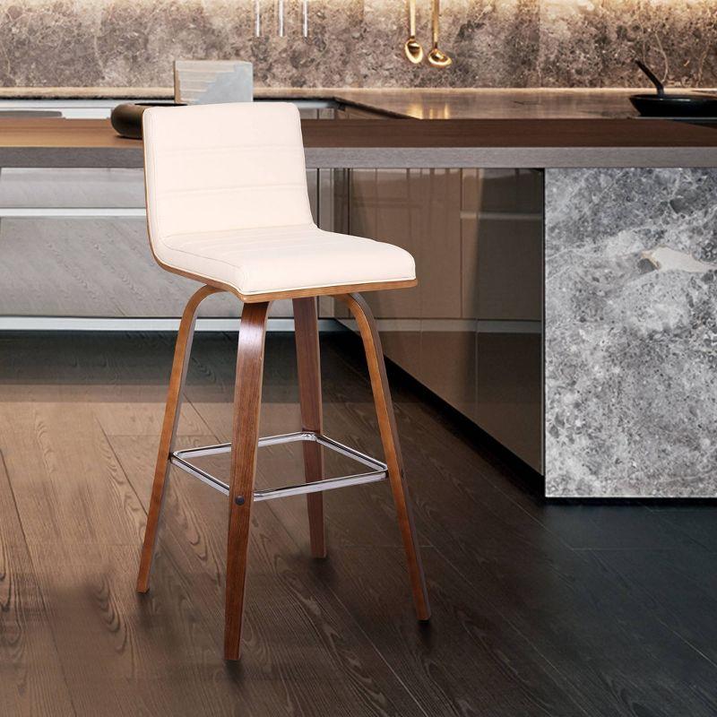 26" Vienna Faux Leather Counter Height Barstool Walnut/Cream - Armen Living: Mid-Century Modern, Square Seat, Low Back