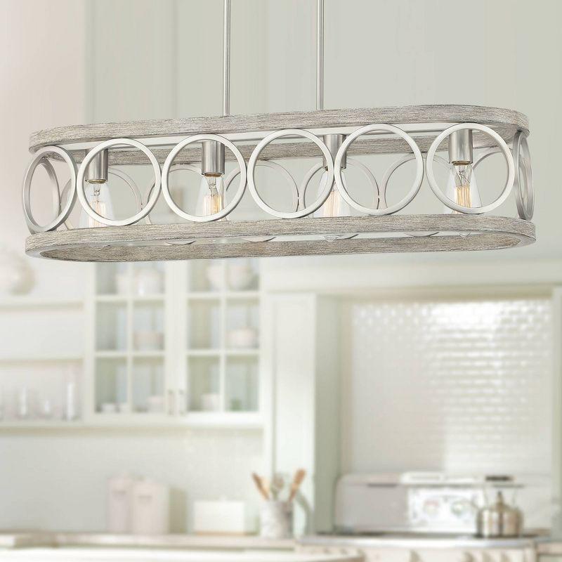 Franklin Iron Works Salima Brushed Nickel Gray Wood Linear Pendant Chandelier 32 1/2" Wide Farmhouse Rustic 4-Light LED for Dining Room Kitchen Island