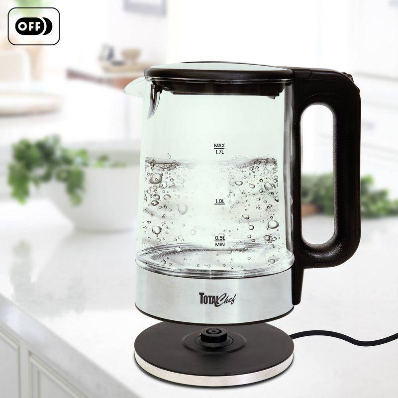 Total Chef Cordless Electric Glass Kettle LED Light 1.8 QT/1.7L: 360° Rotating Base, Automatic Shut-Off, 1100W, Water Boiler