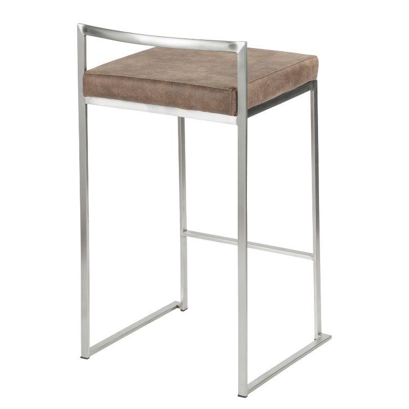 LumiSource Set of 2 26" Fuji Contemporary Stackable Counter Height Barstool Stainless Steel with Brown Cowboy Fabric Cushion: Upholstered