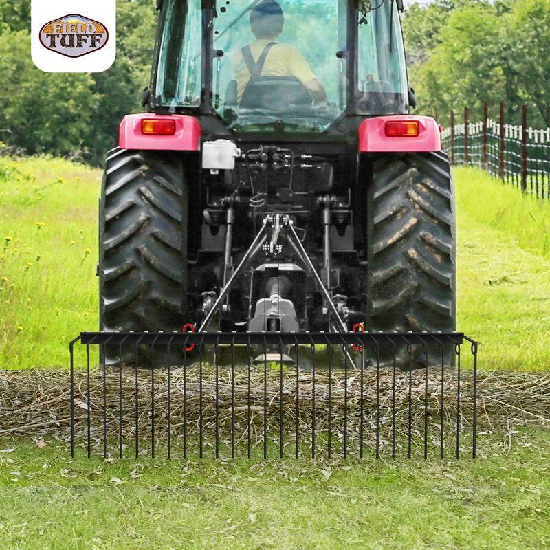 Field Tuff Steel Spring Coil Tine Tow Behind Landscape Rake for Leaves, Pine Needles, Straw, and Grass with 3 Point Hitch Receiver Attachment, Black