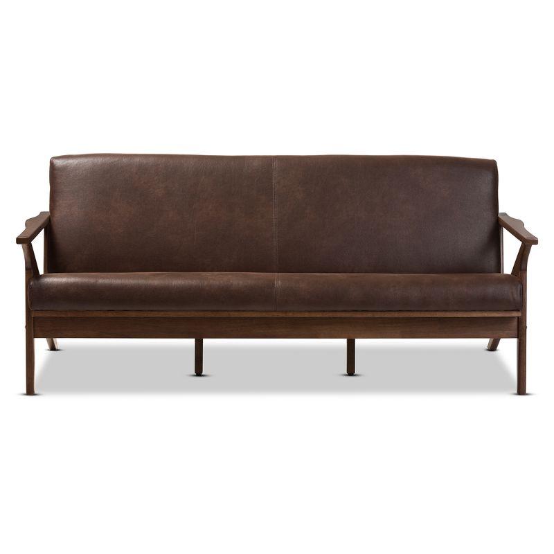 Bianca Mid-Modern Walnut Wood Distressed Faux Leather 3 Seater Sofa Dark Brown - Baxton Studio: Rubberwood Frame, Vintage Style