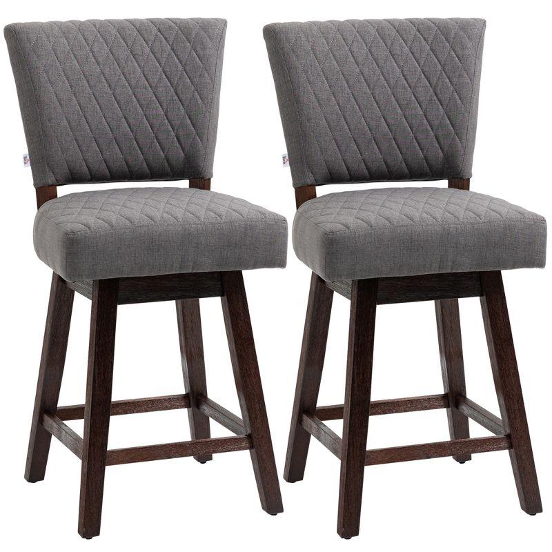 Gray Quilted Swivel Bar Stools with Rubberwood Legs, Set of 2