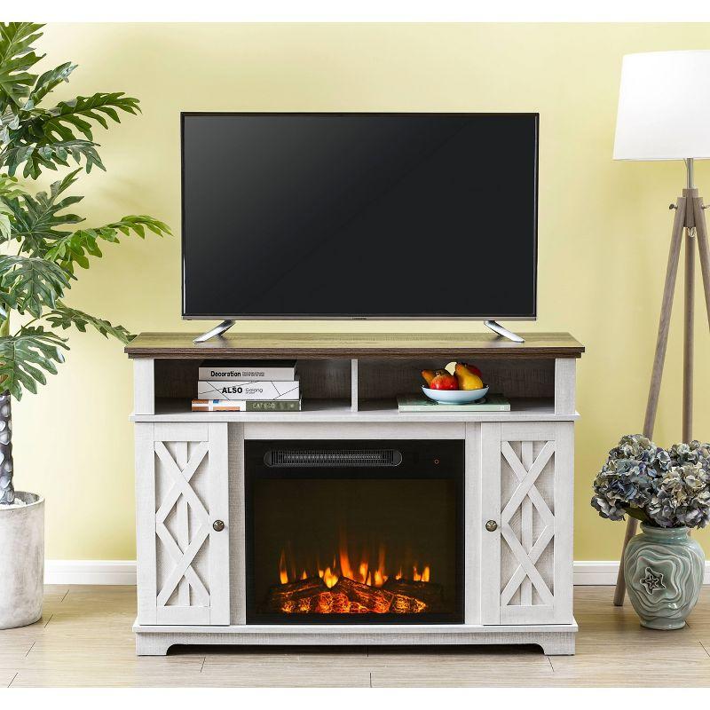 Home Essentials 48" TV Stand for TVs up to 55" with Electric Fireplace White: MDF Construction, Nickel Hardware, Adjustable Storage