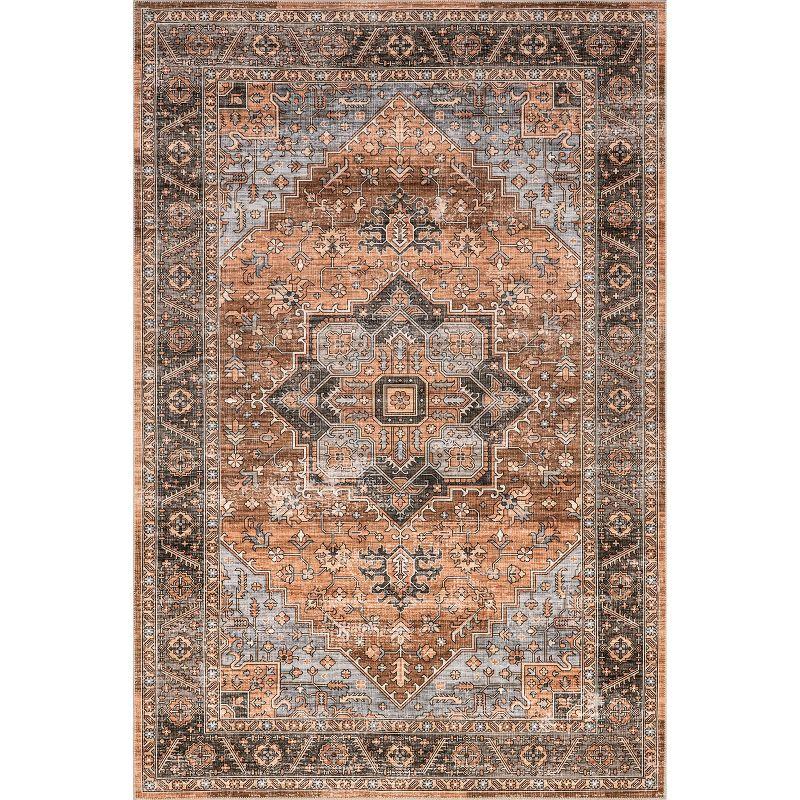 Wrenley Red and Brown Medallion Washable Area Rug