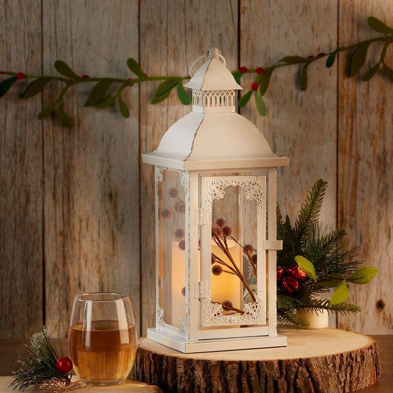 Vintage Rustic White Metal Candle Lantern - 14" Height