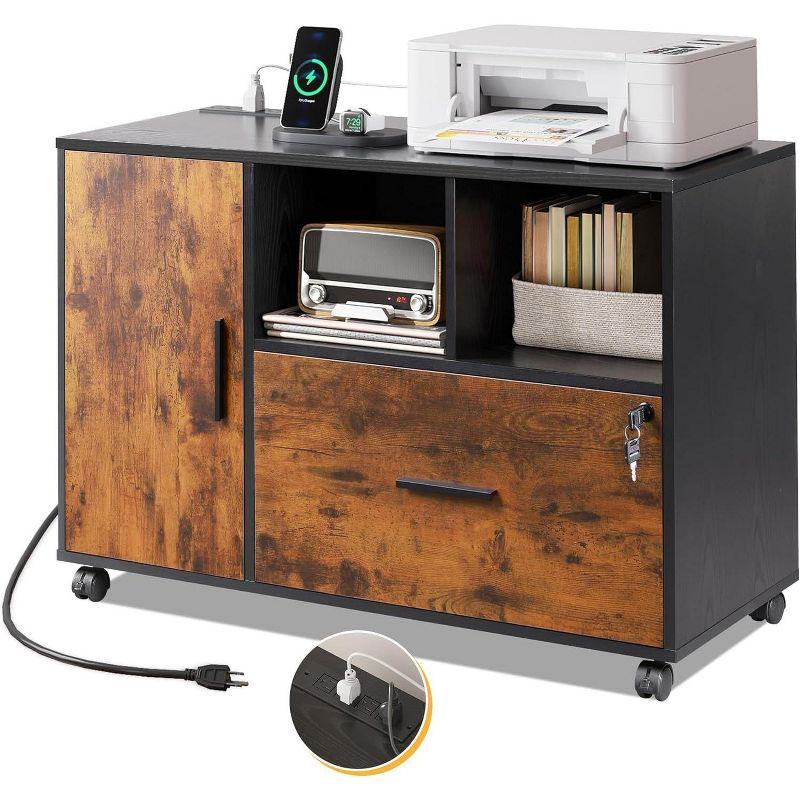 Rustic Brown Wood Rolling File Cabinet with Charging Station and Lock