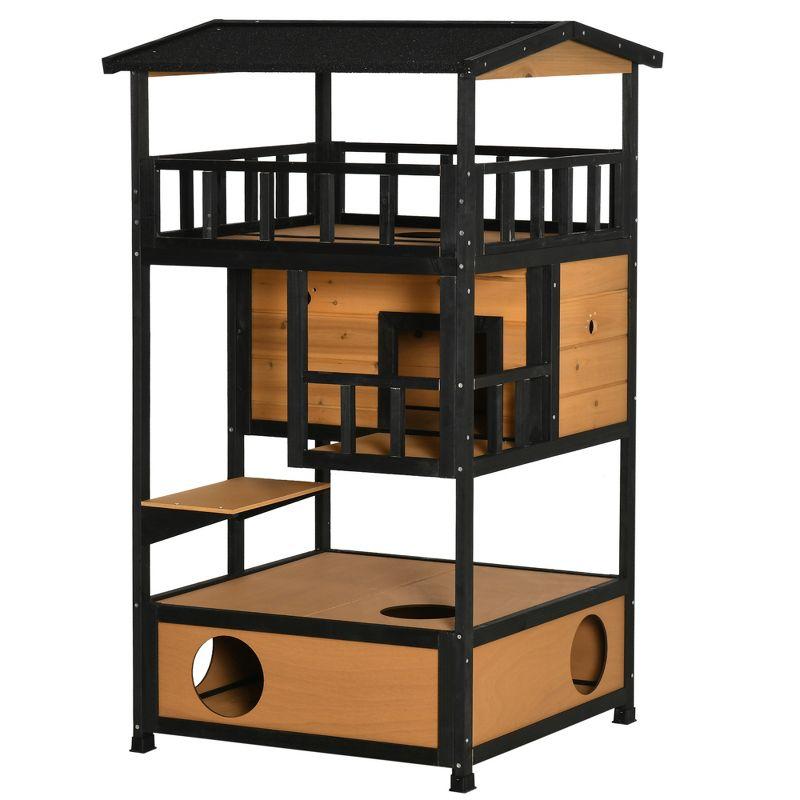 PawHut Wooden Outdoor Cat House, Feral Cat Shelter Kitten Tree with Asphalt Roof, Escape Doors, Condo, Jumping Platform