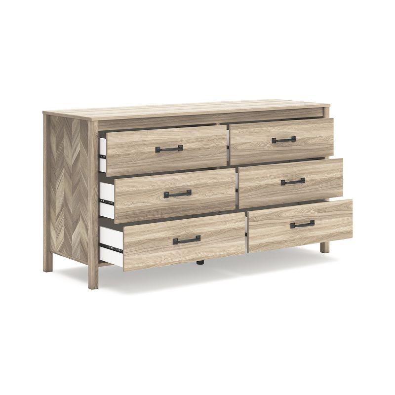 Beige Mid-Century Modern 6-Drawer Dresser with Chevron Pattern