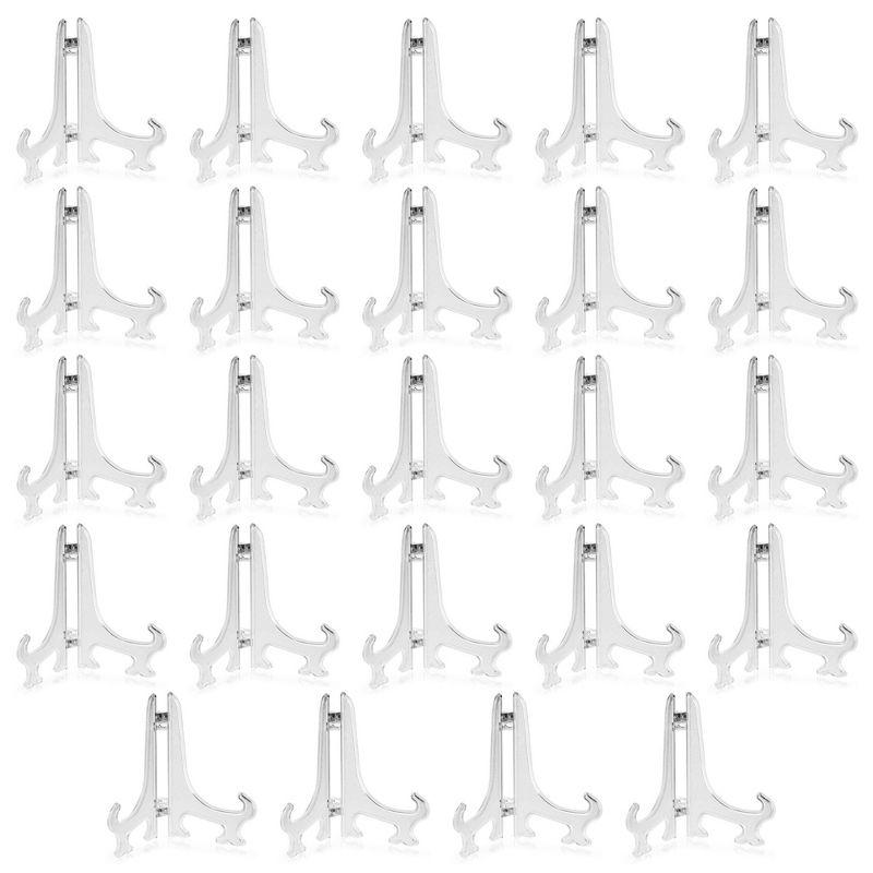 Juvale 24 Pack Clear Mini Easels for Displaying Photos, Decorative Tiles, Wedding Place Cards, 4 In