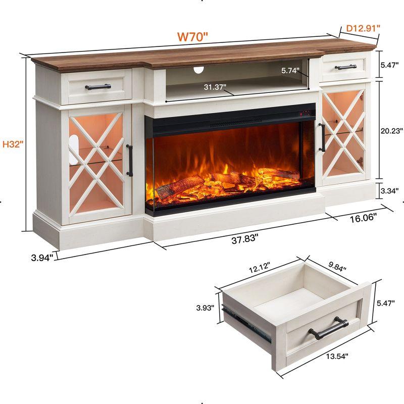 OKD 70" Farmhouse TV Stand w/Electric Fireplace & Glass Door Storage Cabinet, Antique White