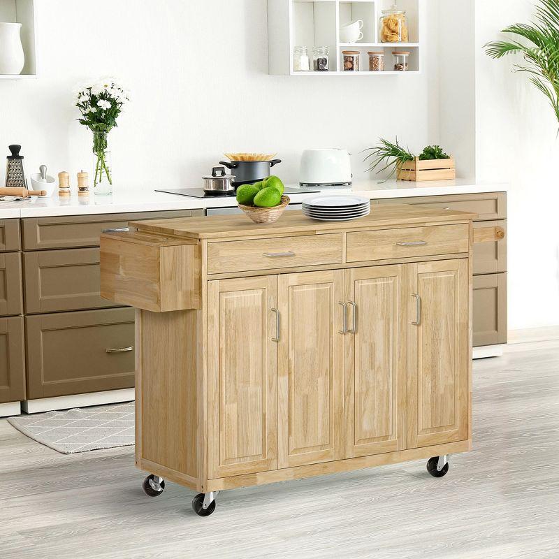 HOMCOM Wooden Rolling Kitchen Island Utility Storage Cart on Wheels with Drawers, Door Cabinets, and Knife Block for Dining Room