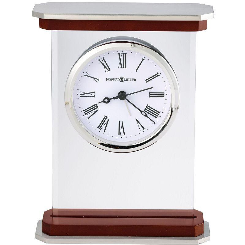 Howard Miller® Mayfield Modern & Contemporary Roman Numeral Rosewood Quartz Movement / Crystal Tabletop Clock with Alarm in White/Brown/Silver
