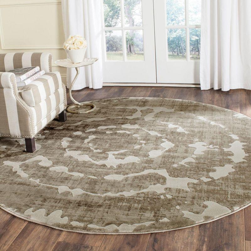 Grey and Ivory Round Floral Synthetic Area Rug