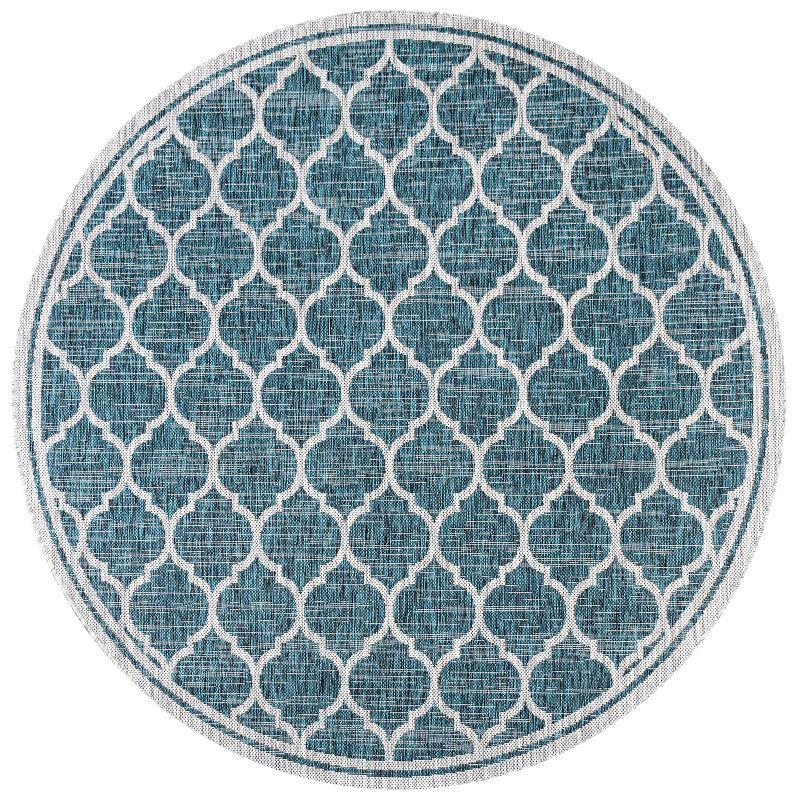 5' Round Trebol Moroccan Trellis Textured Weave Indoor/Outdoor Area Rug, Teal/Gray - JONATHAN Y