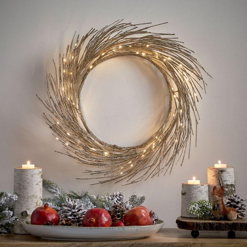 GDFStudio Attola 24" Pre-Lit Artificial Twig Christmas Garland/Wreath Warm White Lights, Champagne Glitter