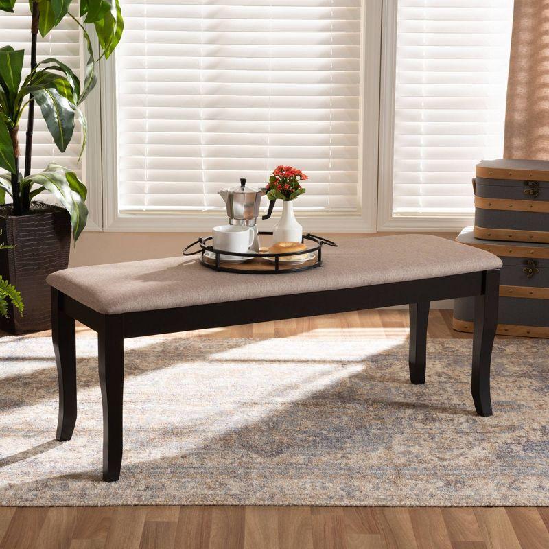 Sand Fabric Upholstered Dark Brown Wood Dining Bench