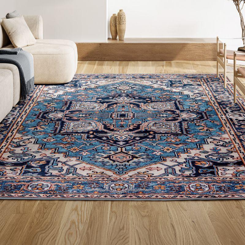 Cirali Blue and Beige Medallion Washable Area Rug