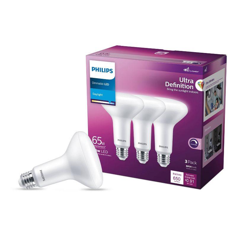 Philips UltraDef LED 65W Daylight BR30 3P: Dimmable Energy Star Certified Light Bulbs, 5000K, 650 Lumens, 3 Pack