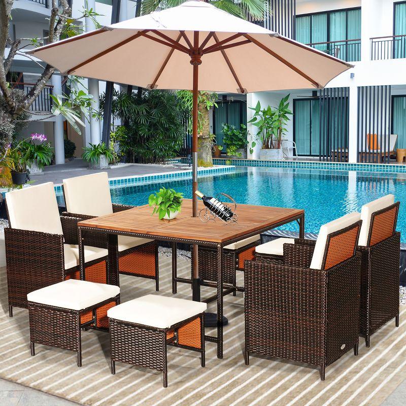 9-Piece White Cushioned Rattan Outdoor Dining Set with Wood Table