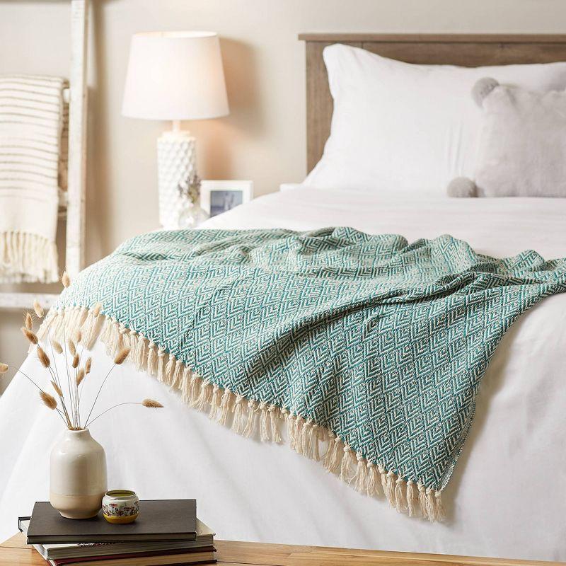 Aqua Diamond Cotton Throw Blanket 50"x60" with Fringe Detail