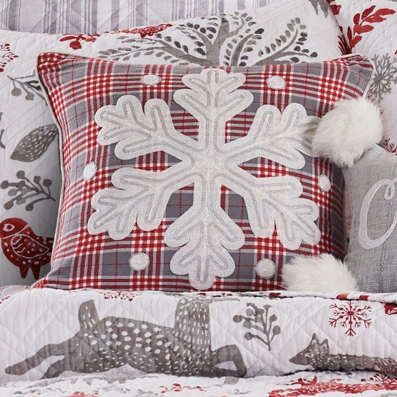 Red and Gray Embroidered Snowflake Plaid Square Pillow