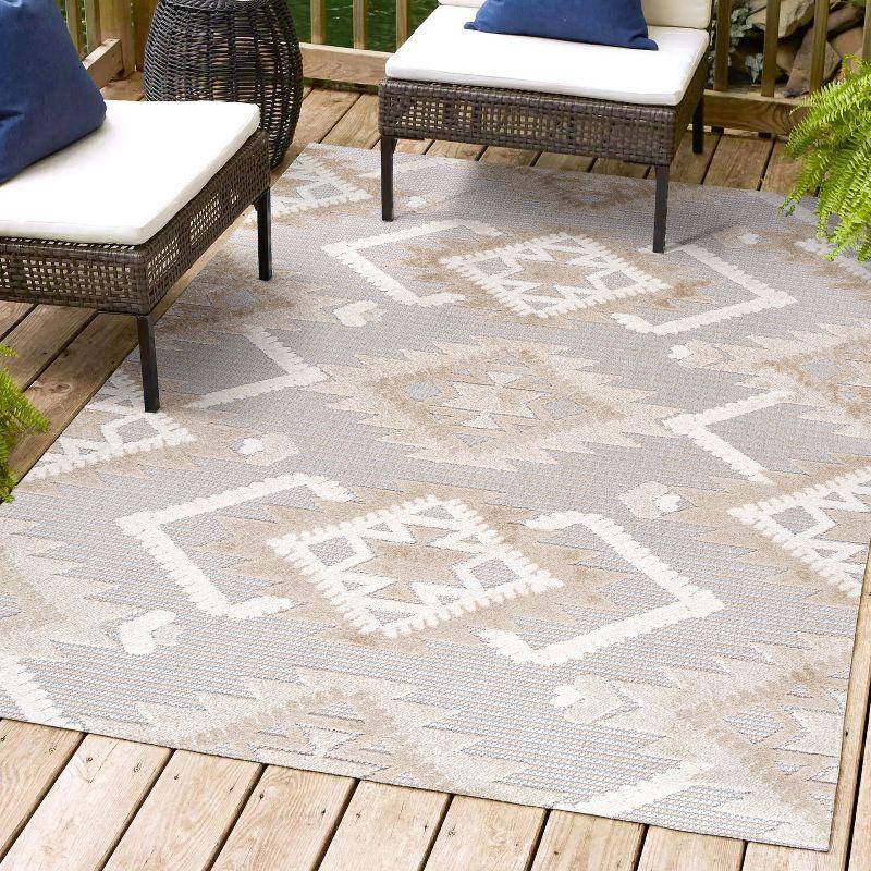 Sumak High-Low Pile Neutral Diamond Kilim Indoor/Outdoor Area Rug - JONATHAN Y