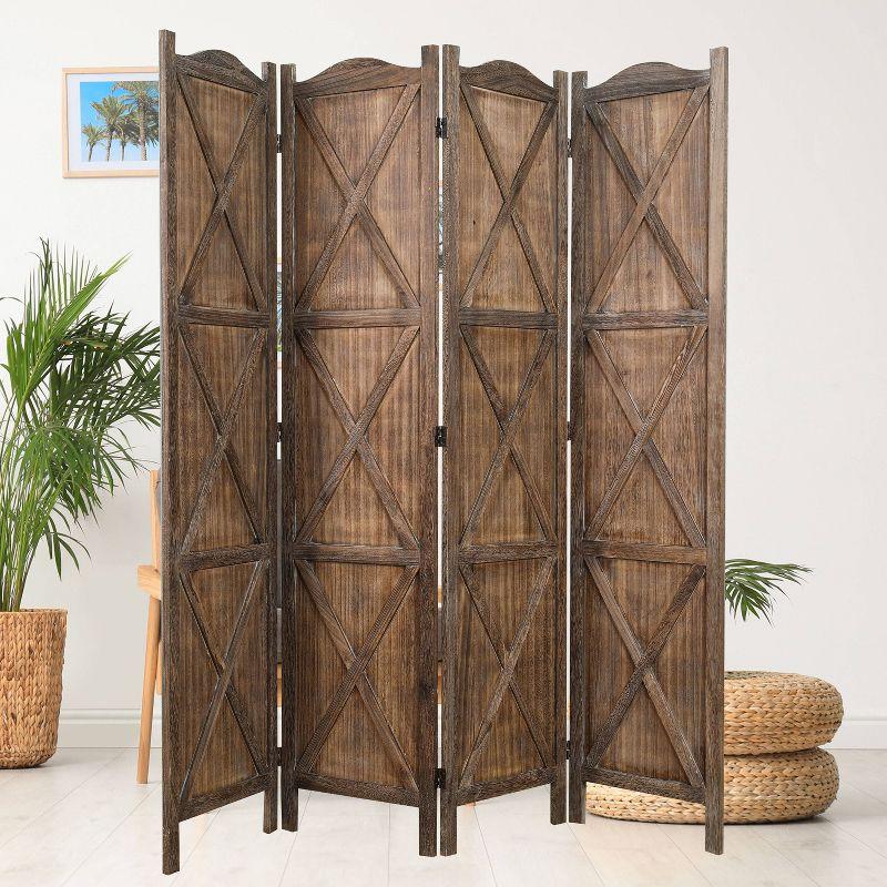 Rancho Barn 4 Panel Room Divider with Folding Screen Room Partition Paulownia Wood Brown - Proman Products: Vintage Farmhouse Style