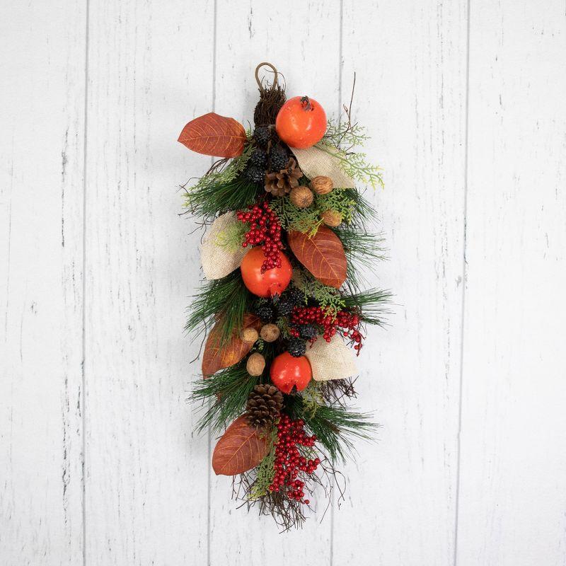 Autumn Elegance Burlap Pine Cone & Berry Fall Teardrop Swag - 32"