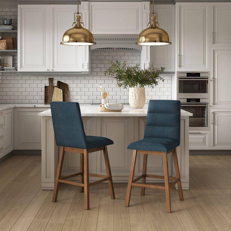Set of 2 Boston Channel Tufted Fabric Barstools Navy Blue - CorLiving: Upholstered, High Back, Rubberwood Legs