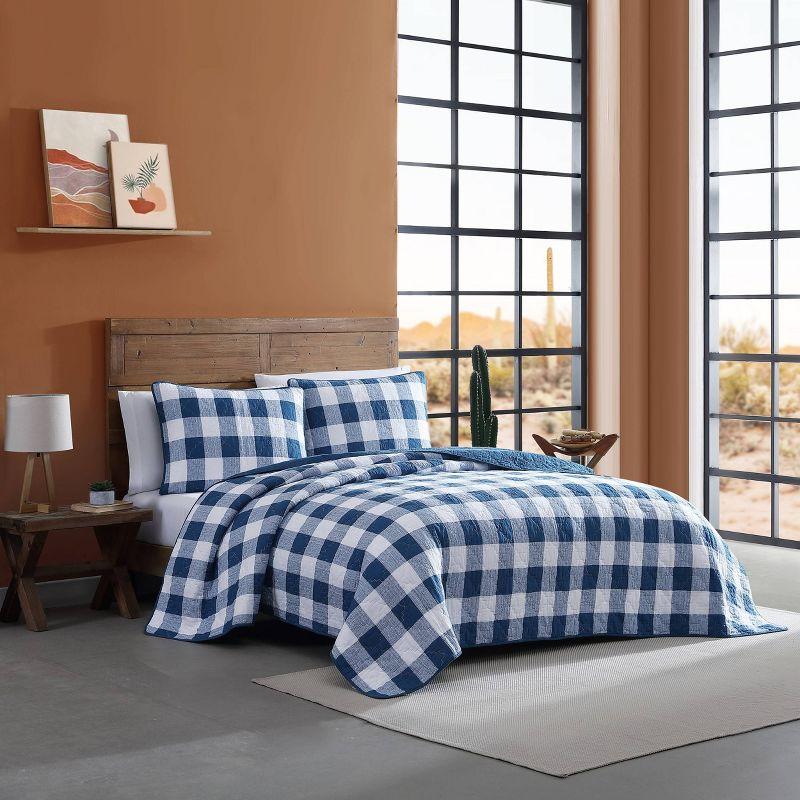 King Blue Cotton Reversible Quilt Set with Shams